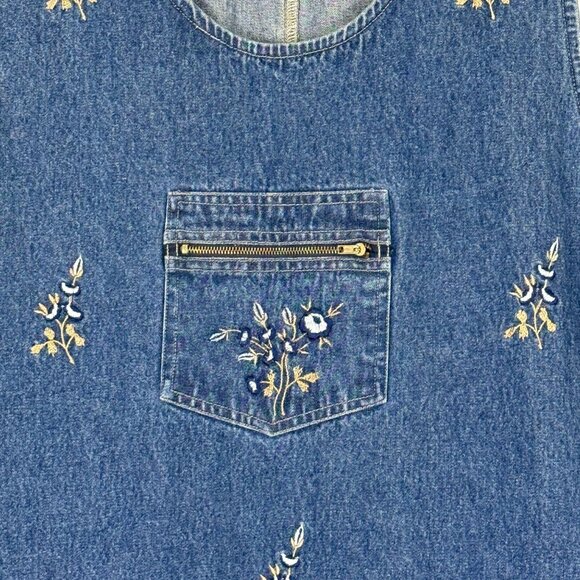 M.P.H. Blues Denim Maxi Jumper Dress XL Embroidered Prairie Flowers Side Buttons - Picture 4 of 12